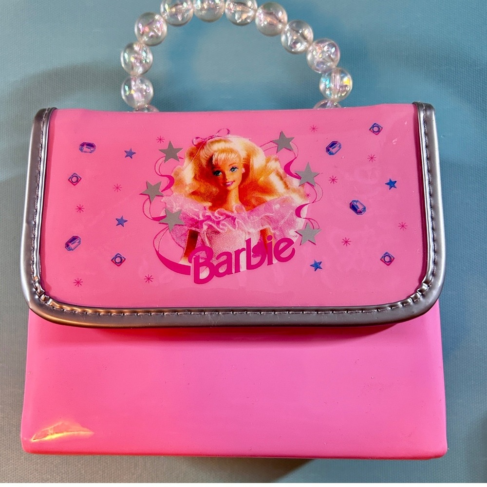 Barbie Pink Vinyl Mini Purse Iridescent Bead Handle Vintage 90s Y2K OS